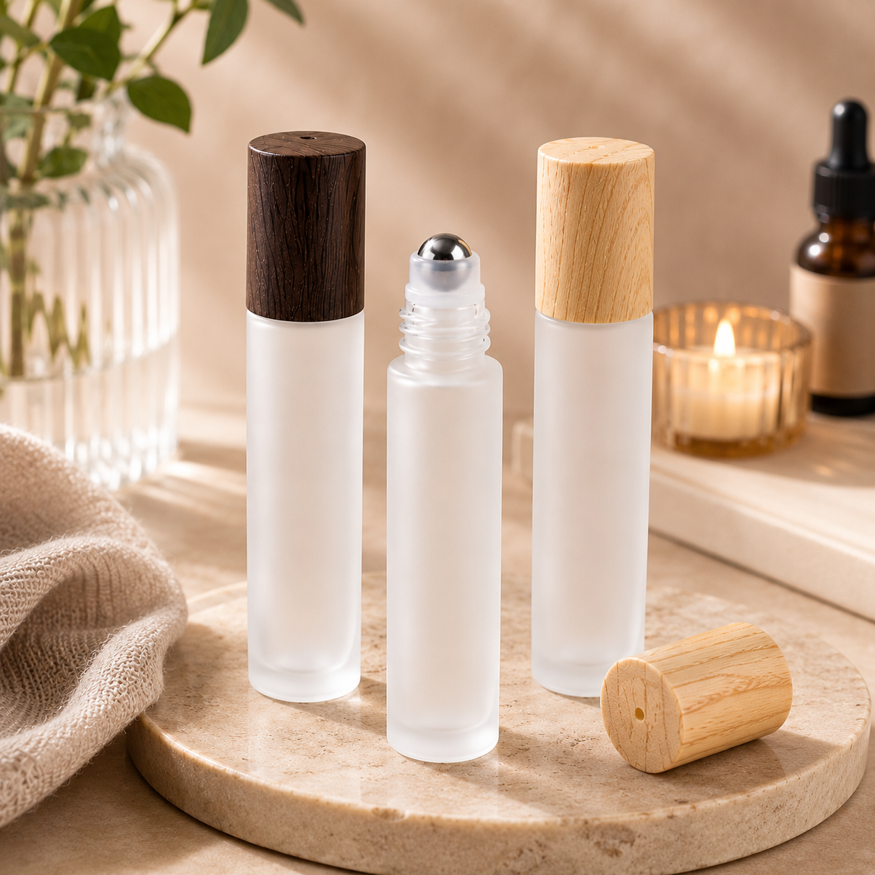 Three clear glass roller bottles with wooden and metal caps on a wooden tray.