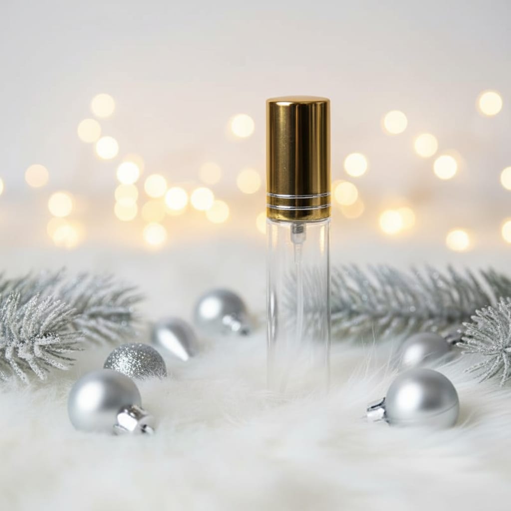 Clear glass bottle with gold cap on a white surface with Christmas decorations and lights in the background