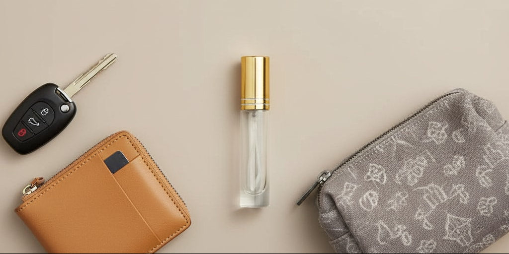 Key fob, wallet, perfume bottle, and pouch on a beige background