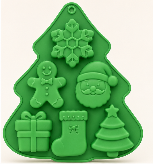 Christmas Tree 6-Cavity Silicone Mold – Santa, Stocking, Gift & Holiday Shapes