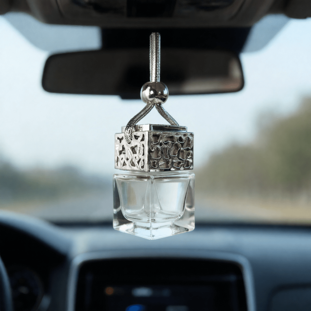 Car air freshener hanging from the rearview mirror with a blurred background