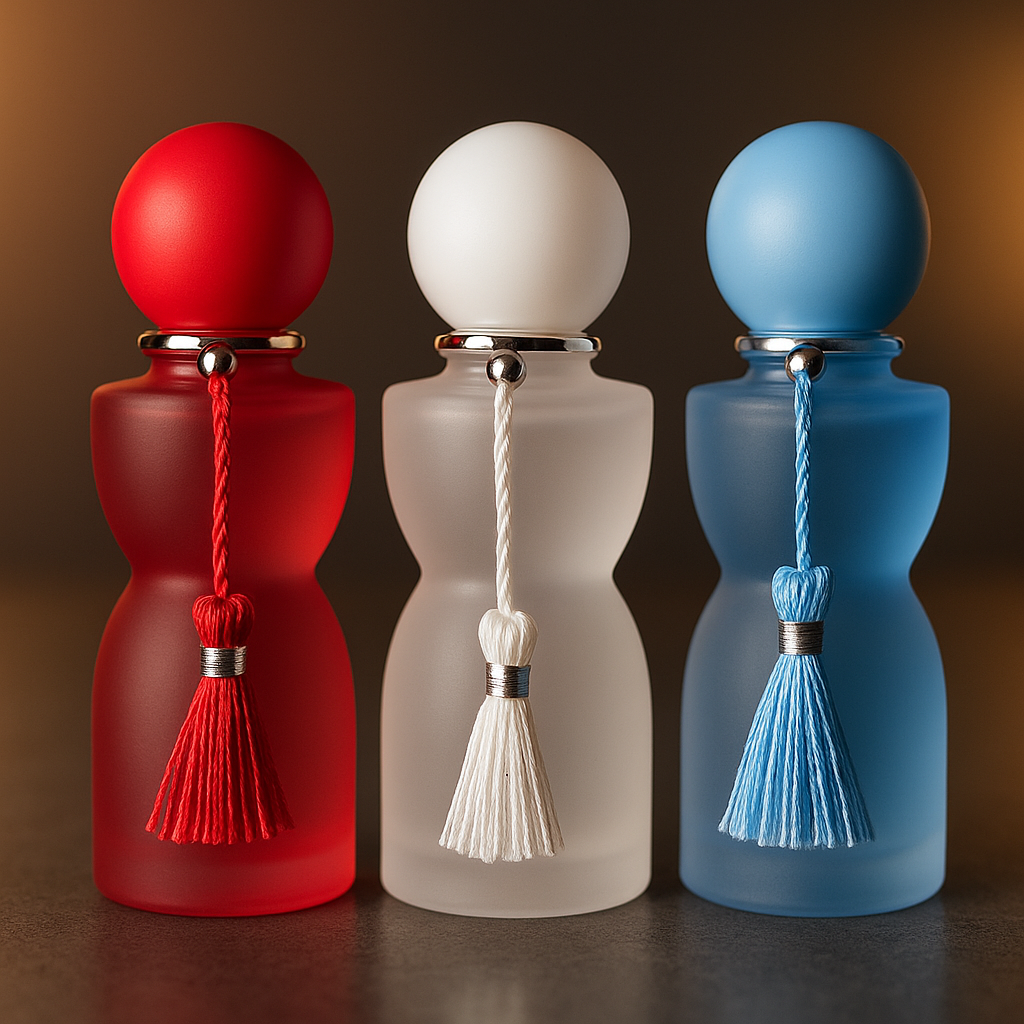 red, white, and blue perfume bottles on s brown/orange background
